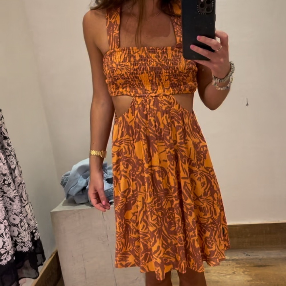 NWT by Anthropologie Orange & Brown Cut Out Patterned Mini Dress Size XXS